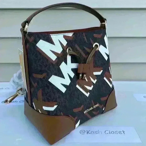 Michael Kors Mercer Drawstring Bucket Bag Medium Messager Purse Brown Multi - Picture 4 of 12